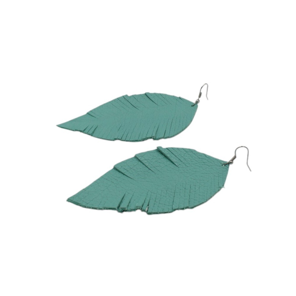 Leather earrings in leaf shape, in a light green color - 4