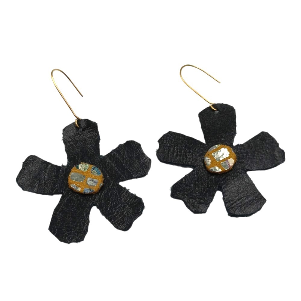 Handmade leather earrings in a flower shape, black color. - Black