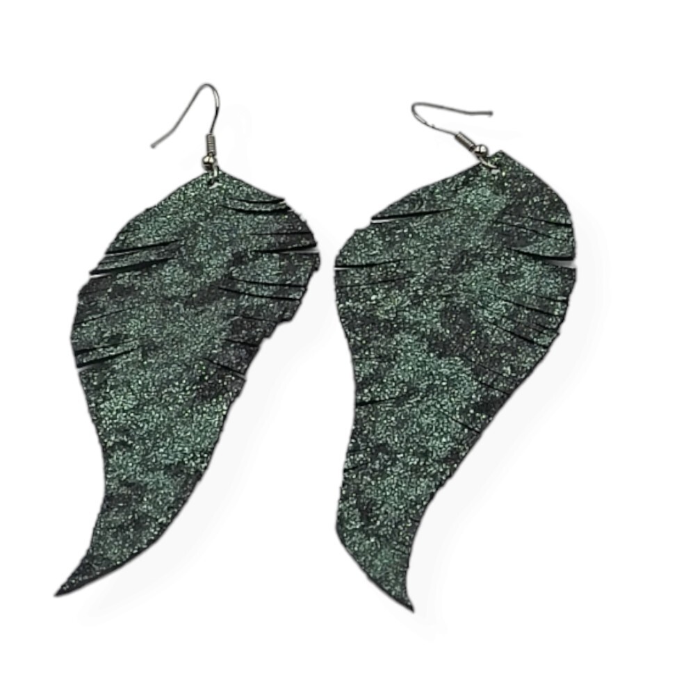 Handmade leather earrings in the shape of a leaf in a green shade - 2