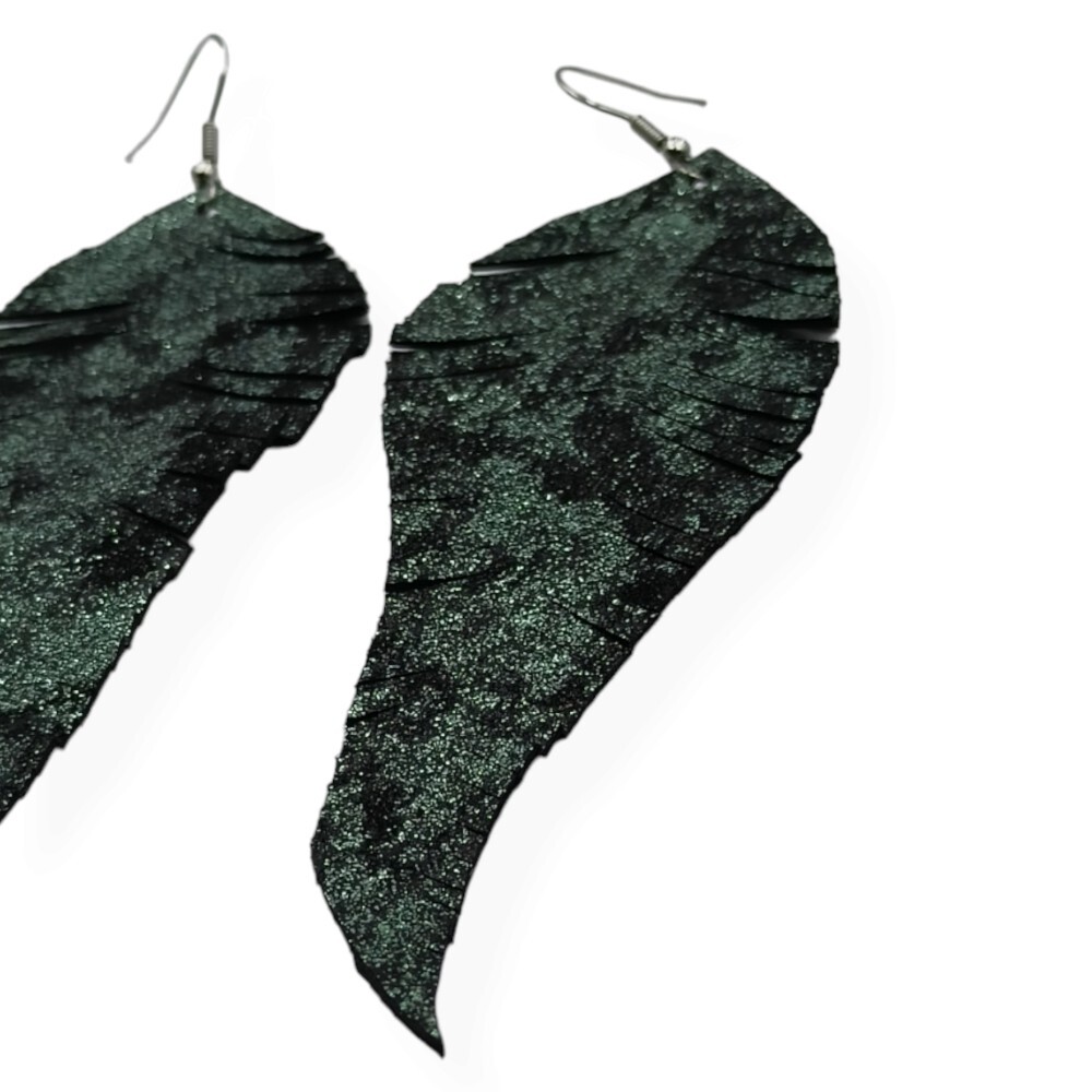 Handmade leather earrings in the shape of a leaf in a green shade - 3