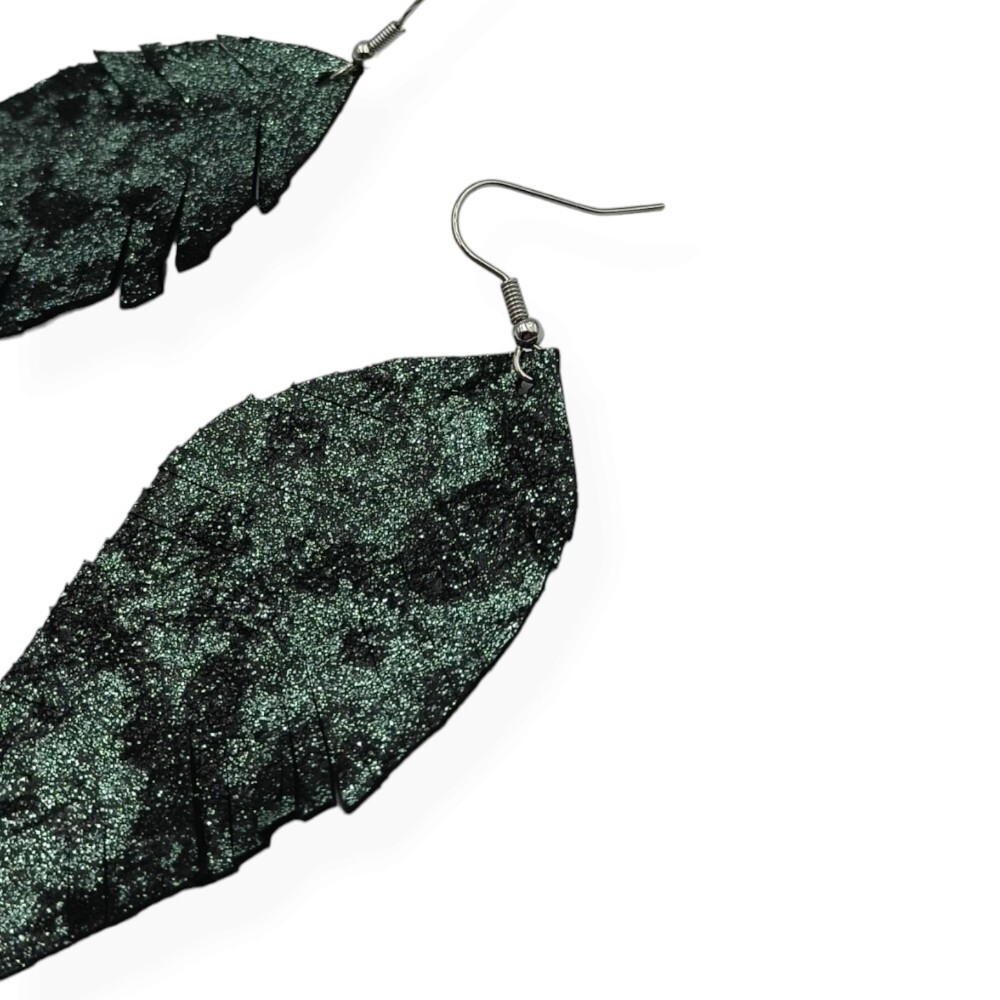 Handmade leather earrings in the shape of a leaf in a green shade - 4