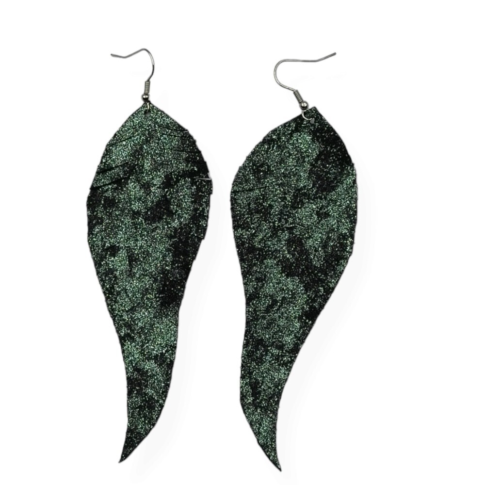 Handmade leather earrings in the shape of a leaf in a green shade - Green