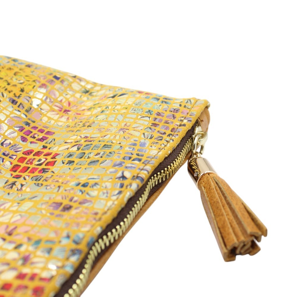 Leather foldover bag in tan color combined with yellow - Sappho - 3