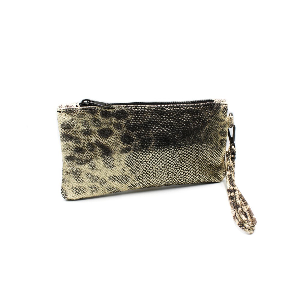 Leather wrist pouch in gold snake print - Zoe - Gold