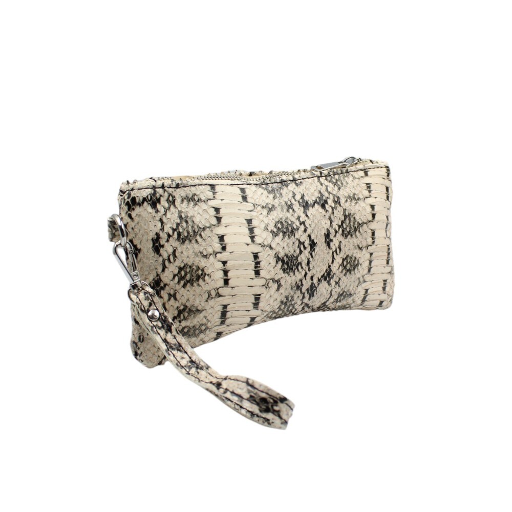 Handmade leather wristlet clutch in black and white snake print - Zoe - White