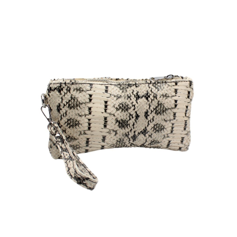 Handmade leather wristlet clutch in black and white snake print - Zoe - 2