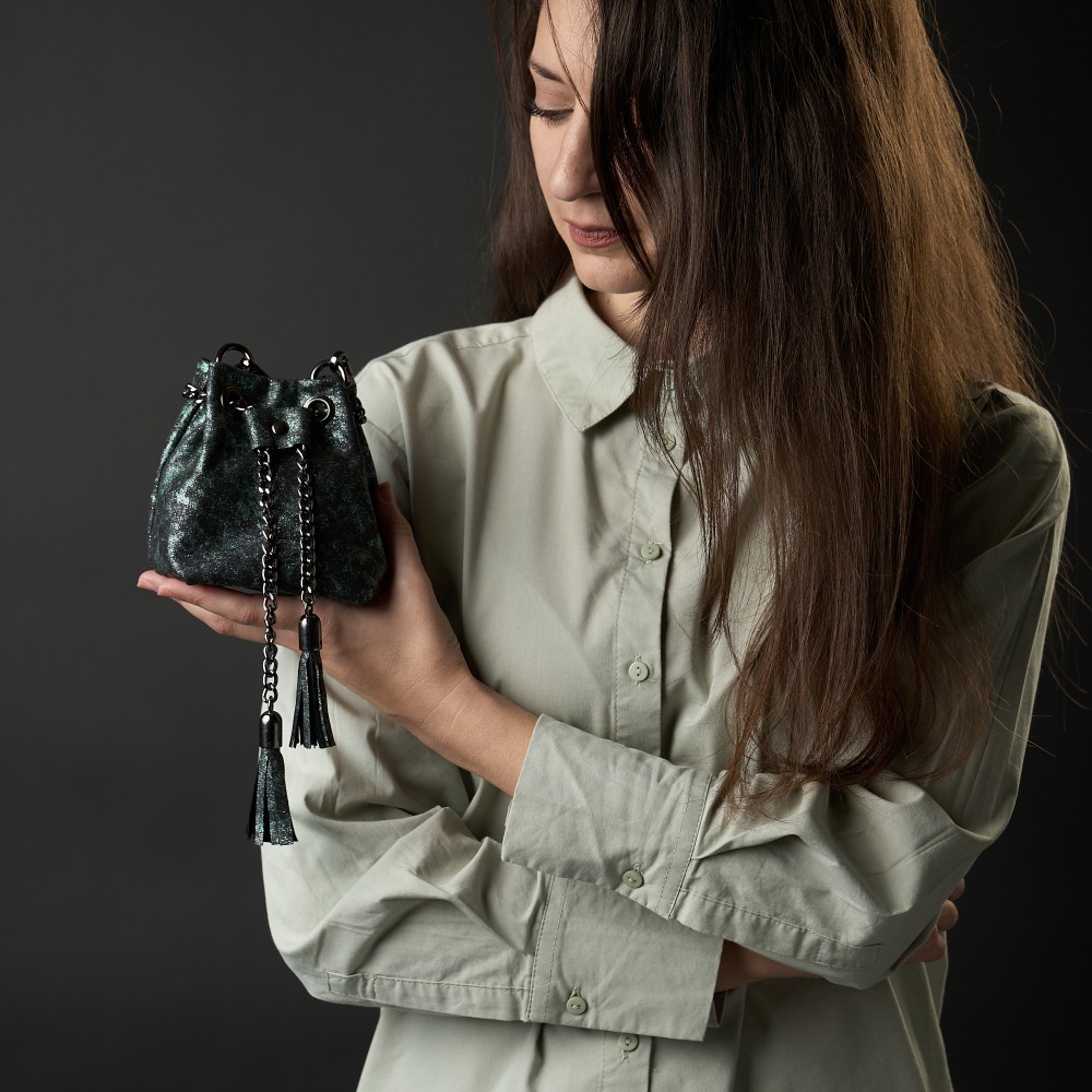 Leather mini bucket bag in green unique color - Erato - 4