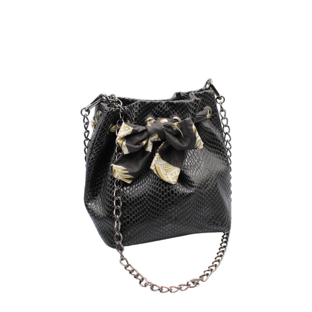 Handmade leather bucket bag in black printed color - Aura - Black