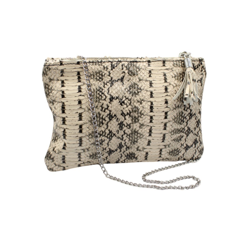 Handmade leather clutch in black & white snake print color - Mira - White