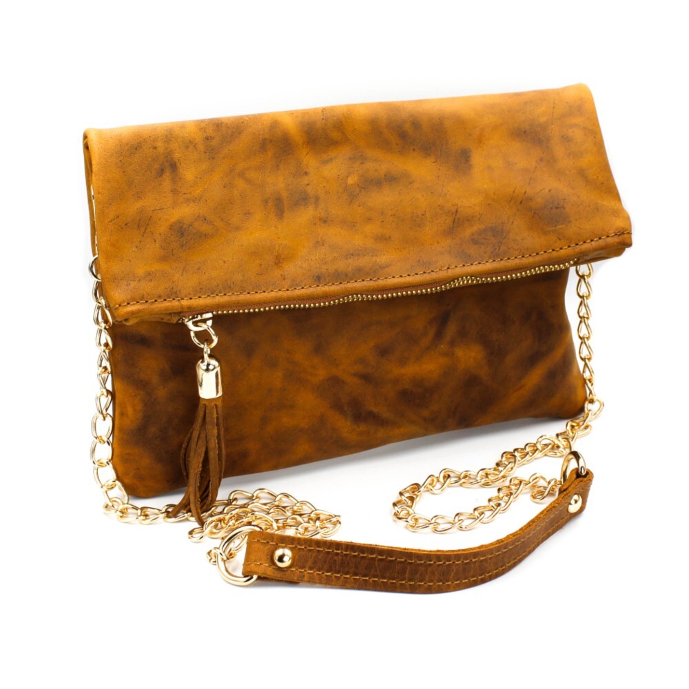 Leather foldover clutch in brown color - Sappho - Brown