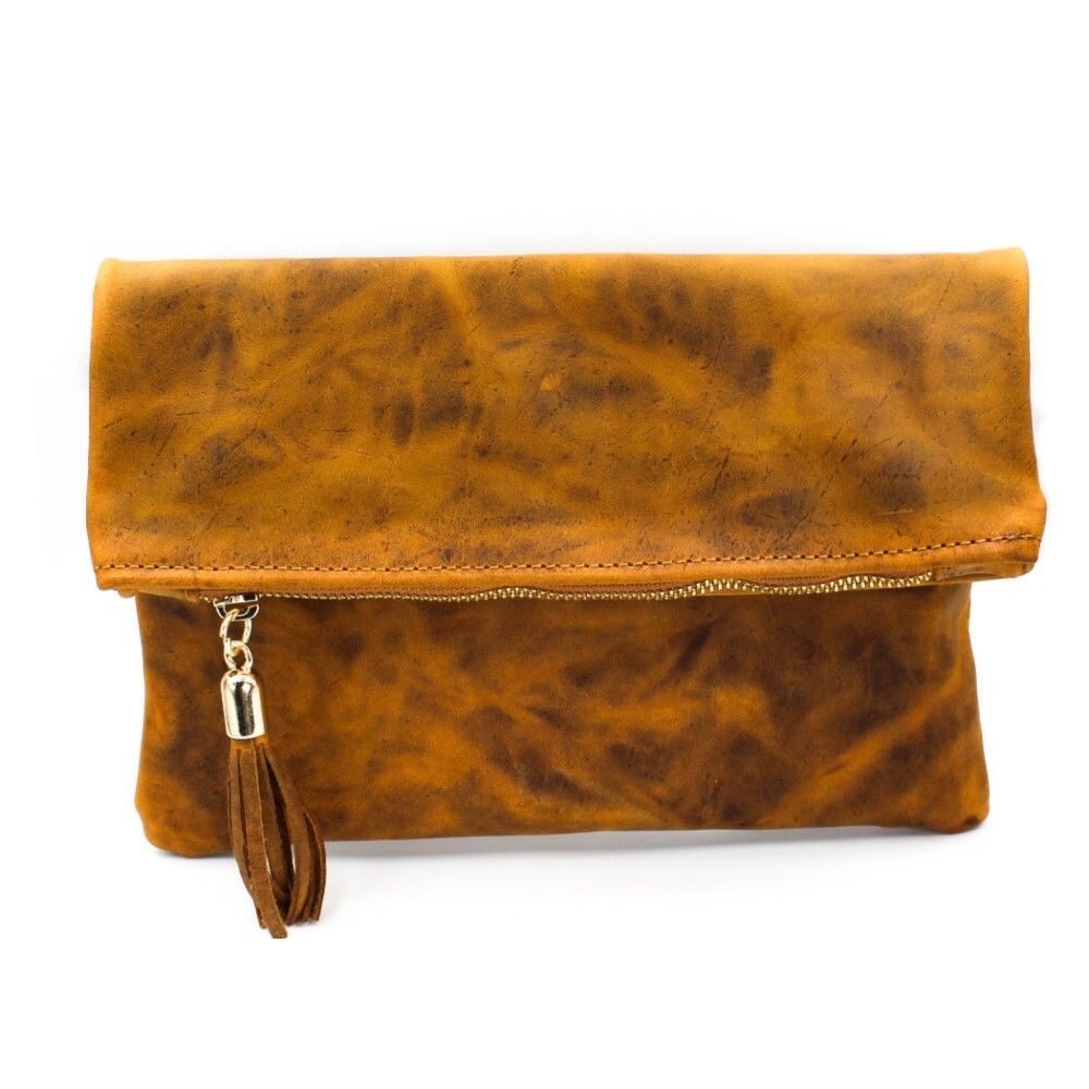 Leather foldover clutch in brown color - Sappho - 2