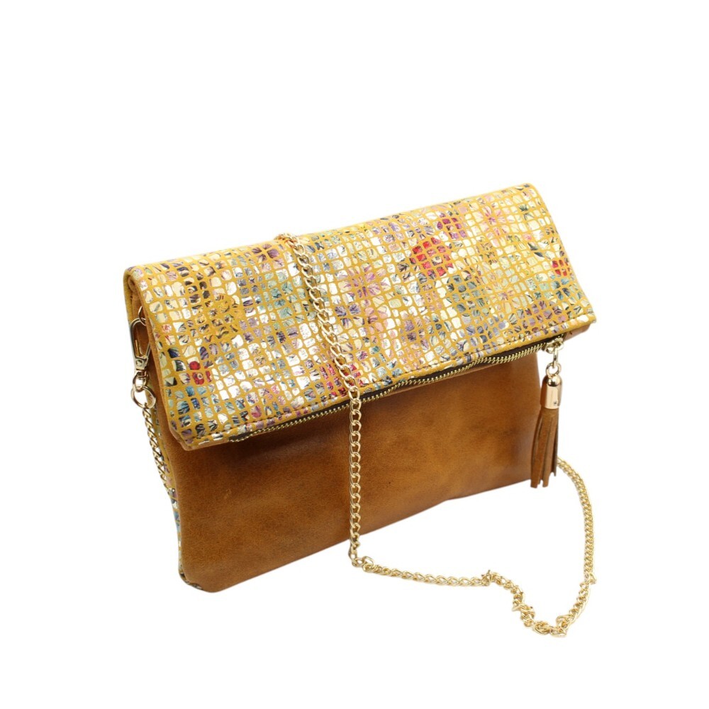 Leather foldover bag in tan color combined with yellow - Sappho - 2