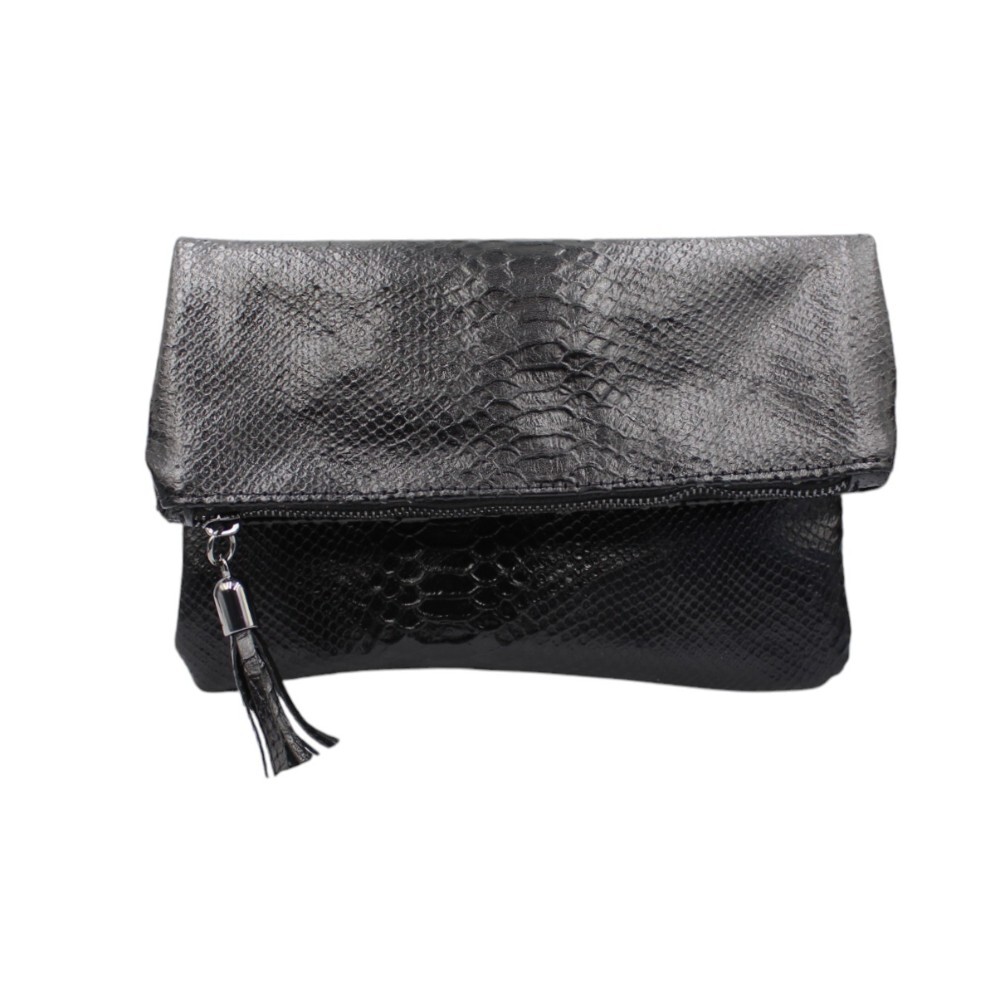 Foldover leather clutch in black embossed snake leather - Sappho - 2