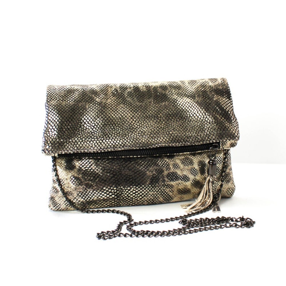 Handmade leather bag in silver snake print color - Sappho - Silver