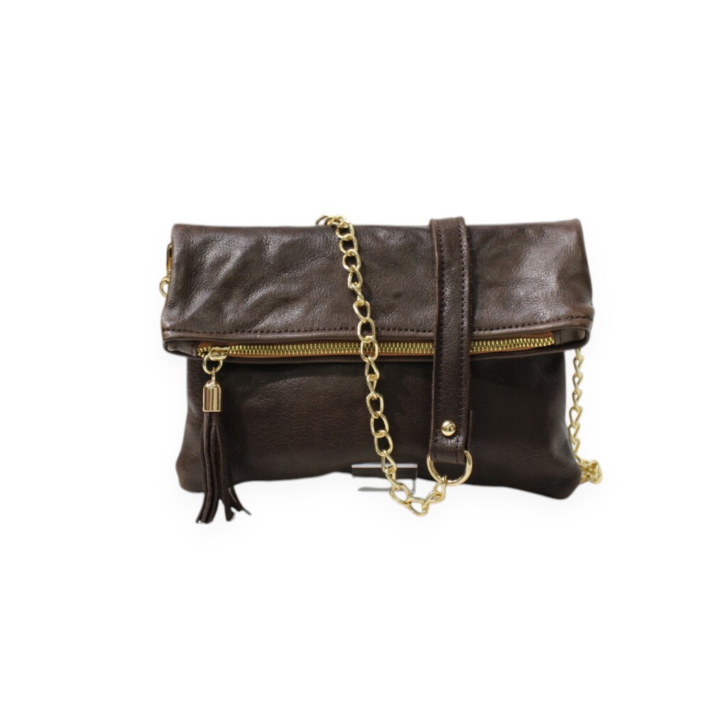 Leather foldover clutch in brown color - Sappho - Brown