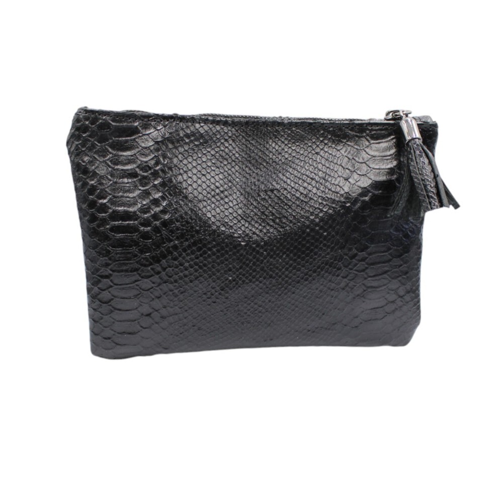 Leather clutch in black snake-embossed print - Mira - 2