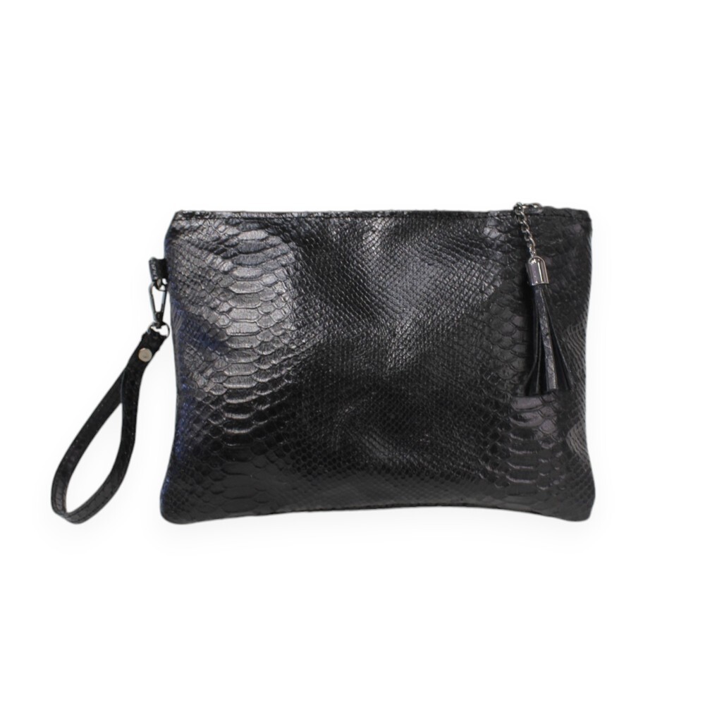 Leather wristlet bag in black  snake print color - Kallia - Black