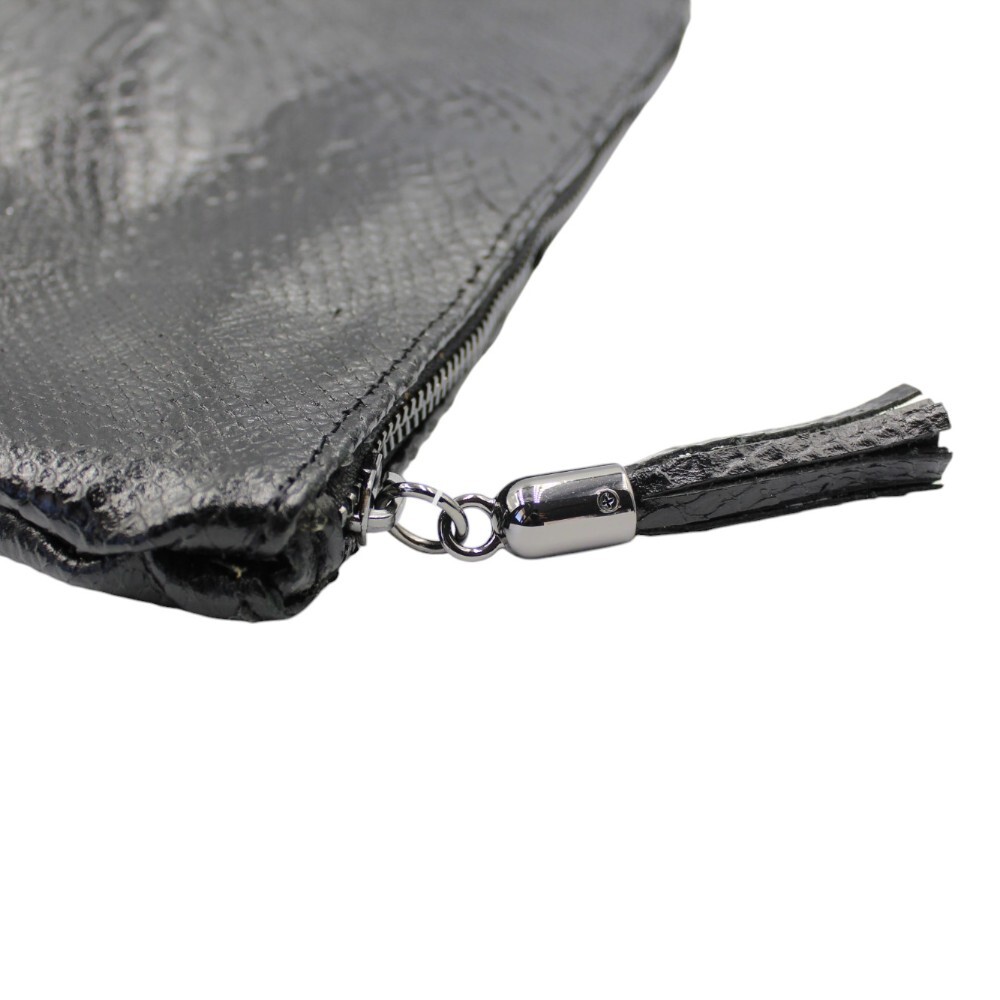 Foldover leather clutch in black embossed snake leather - Sappho - 3
