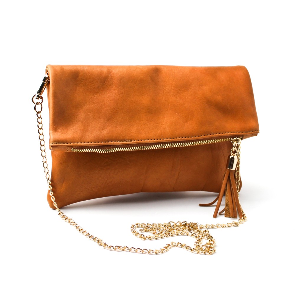 Leather foldable envelope clutch in tan color - Sappho - Brown