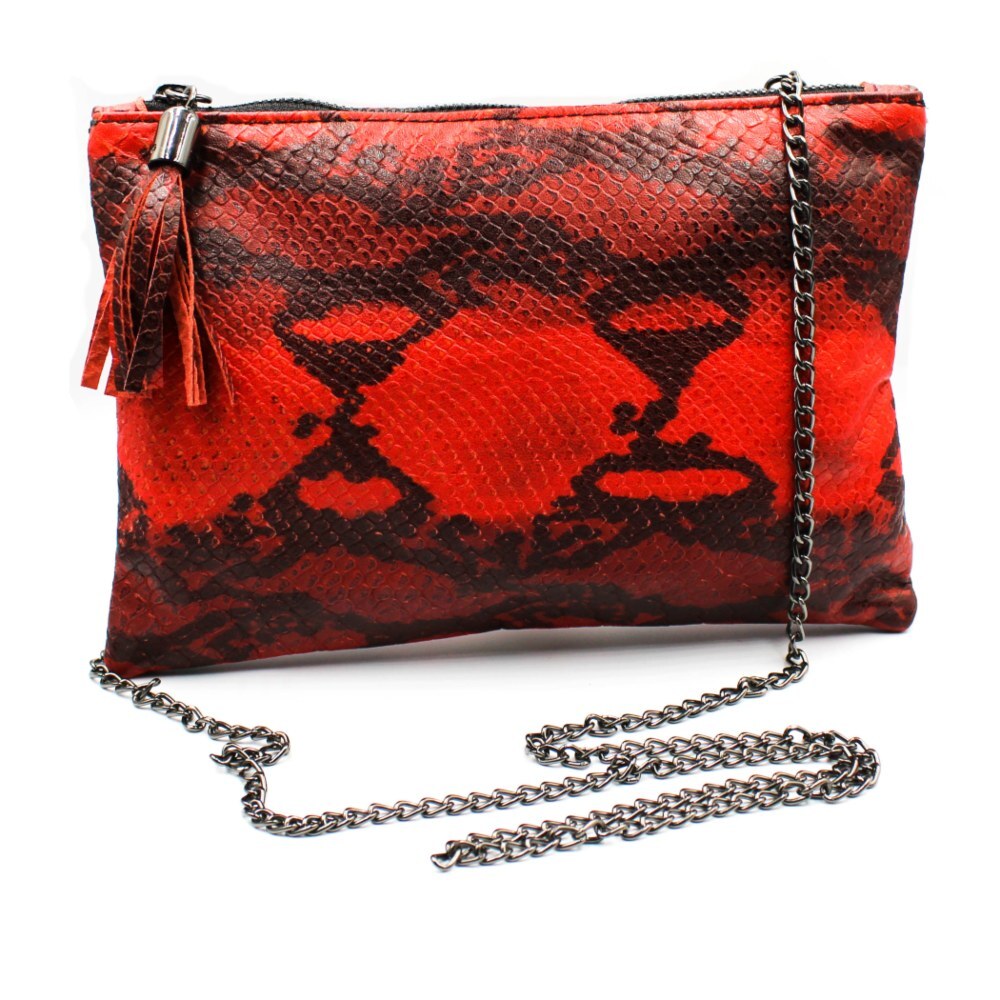 Handmade leather clutch in red snake print color - Mira - 1