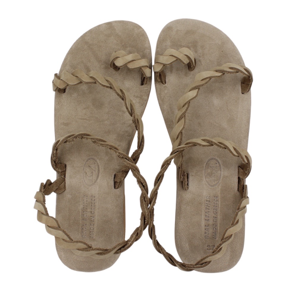 Handmade leather sandals with braids in sand color with soft insole - Gray