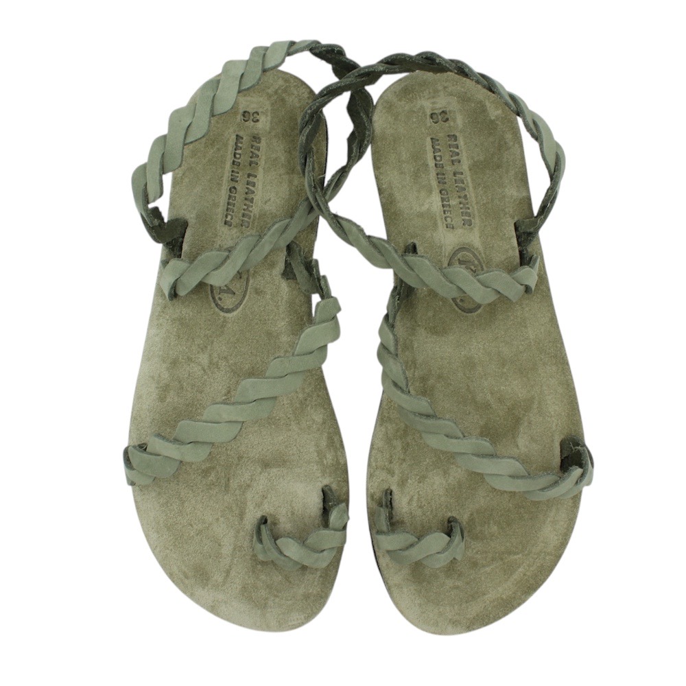 Handmade leather sandals with braids in green color with soft insole - Green