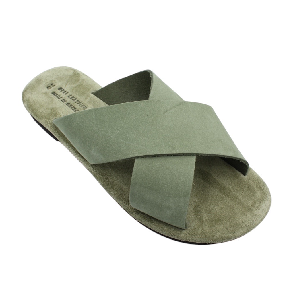 Handmade leather sandals with crossed straps and soft insole in green color - 5
