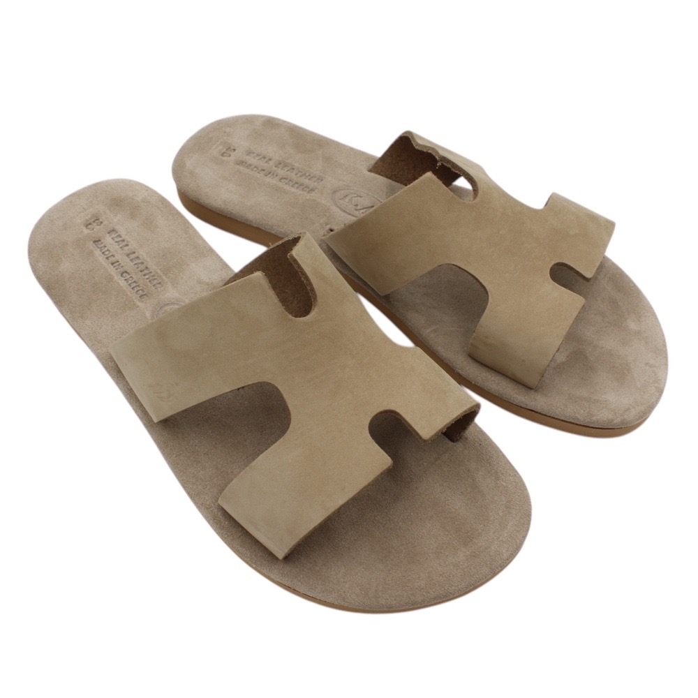 Handmade Hermes-style leather sandals in a sand color - Gray
