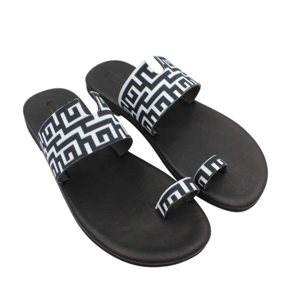 Leather sandals with a soft insole in black color and a meander (Greek key) design  - 2