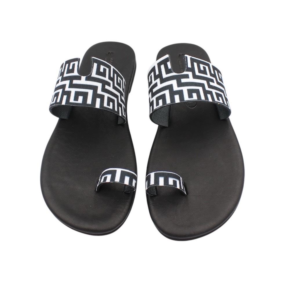 Leather sandals with a soft insole in black color and a meander (Greek key) design  - 3