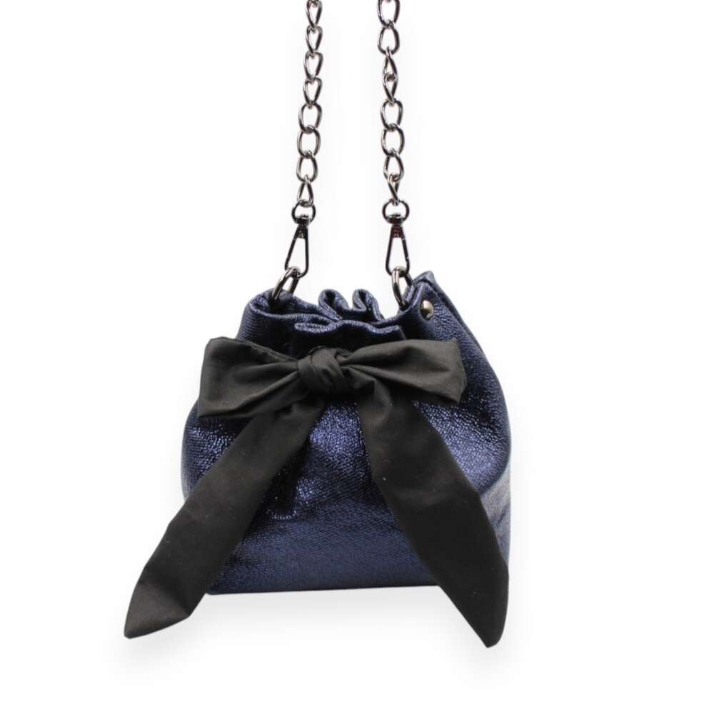 Handmade small leather bucket bag in metallic blue color - Gaia - 2