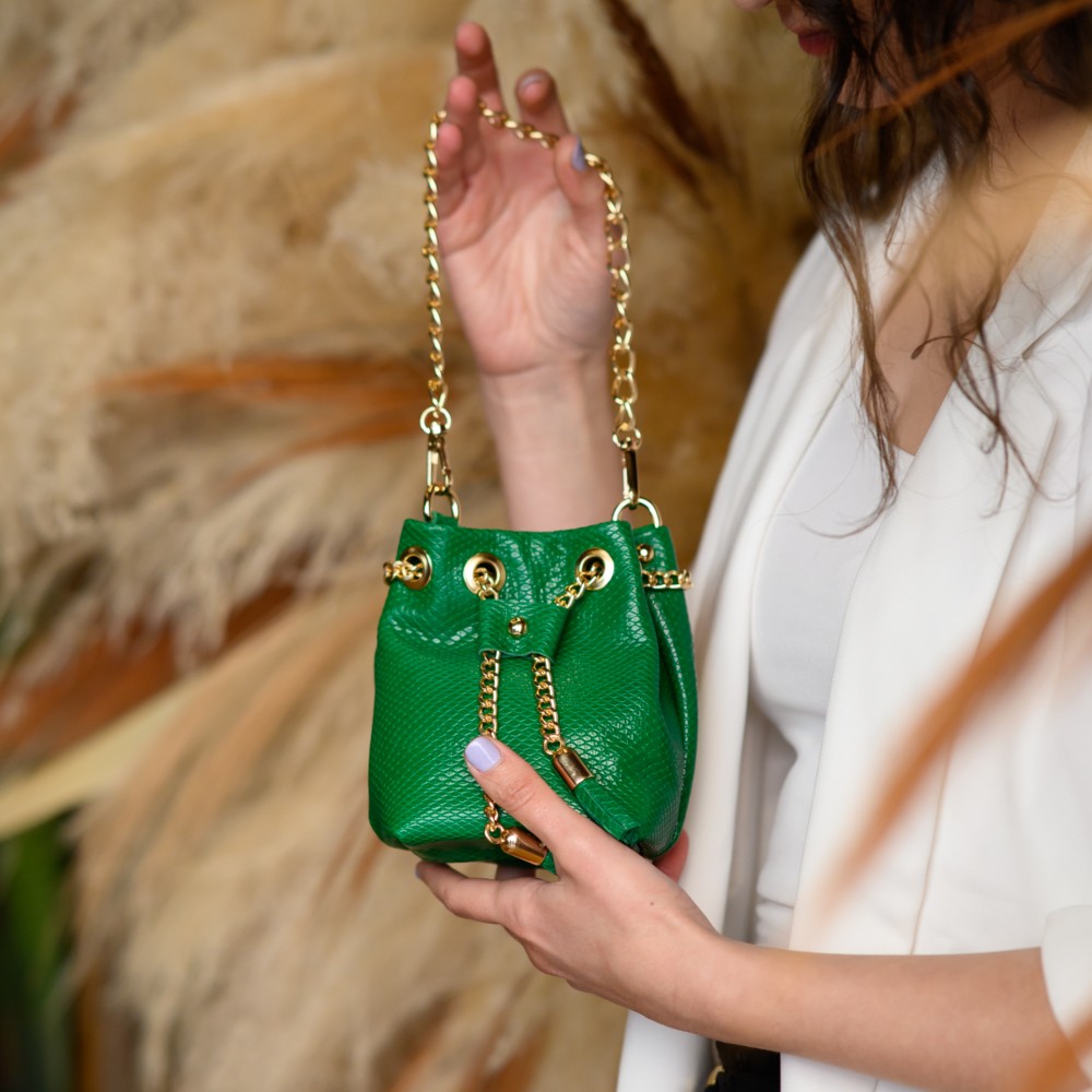 Leather mini bucket bag in green color - Erato - 5