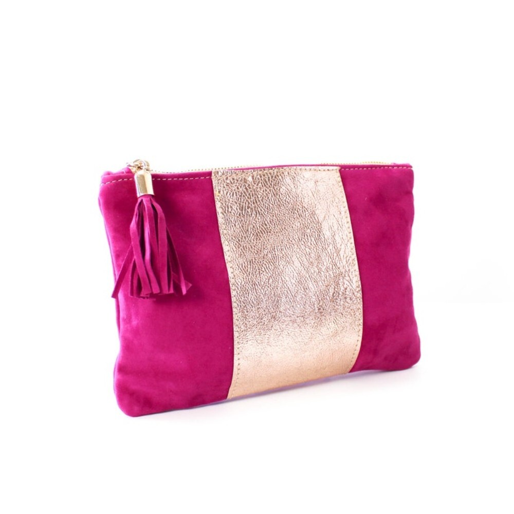 Handmade clutch in soft suede leather fuchsia color - Mira - Fuchsia