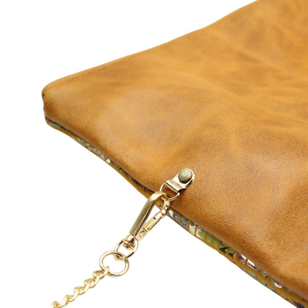 Leather foldover bag in tan color combined with yellow - Sappho - 4