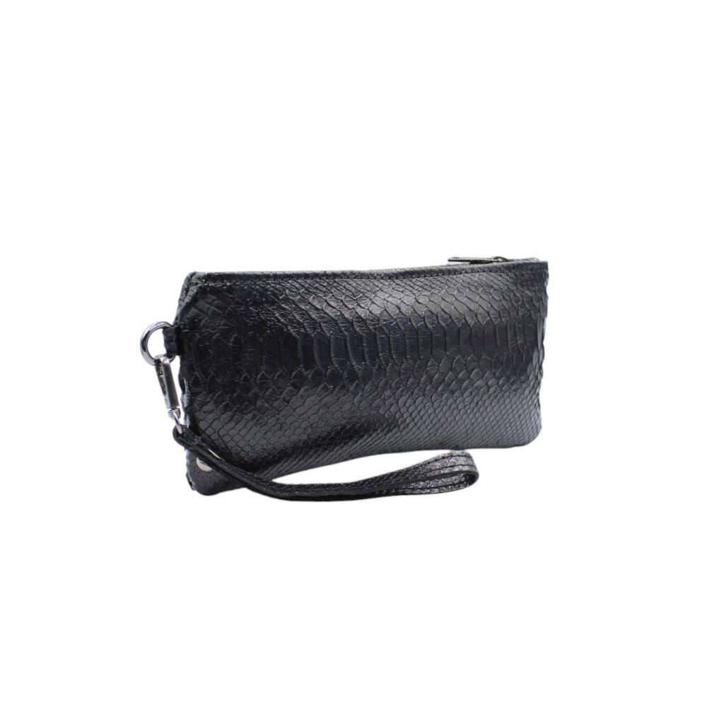 Handmade leather wristlet bag in black snake print - Zoe - Black