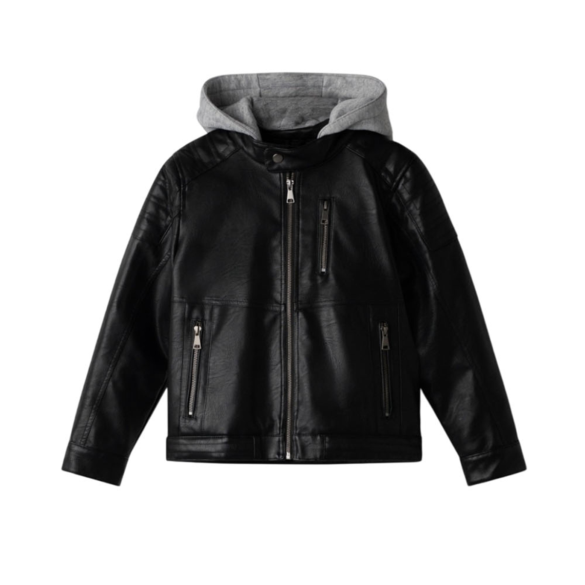 Παιδικό δερμάτινο μπουφάν με κουκούλα HASHTAG αγόρι - ΜΑΥΡΟ
