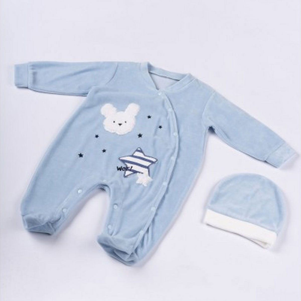 Βρεφικό βελουτέ φορμάκι με σκουφάκι HASHTAG αγόρι - ΓΑΛΑΖΙΟ