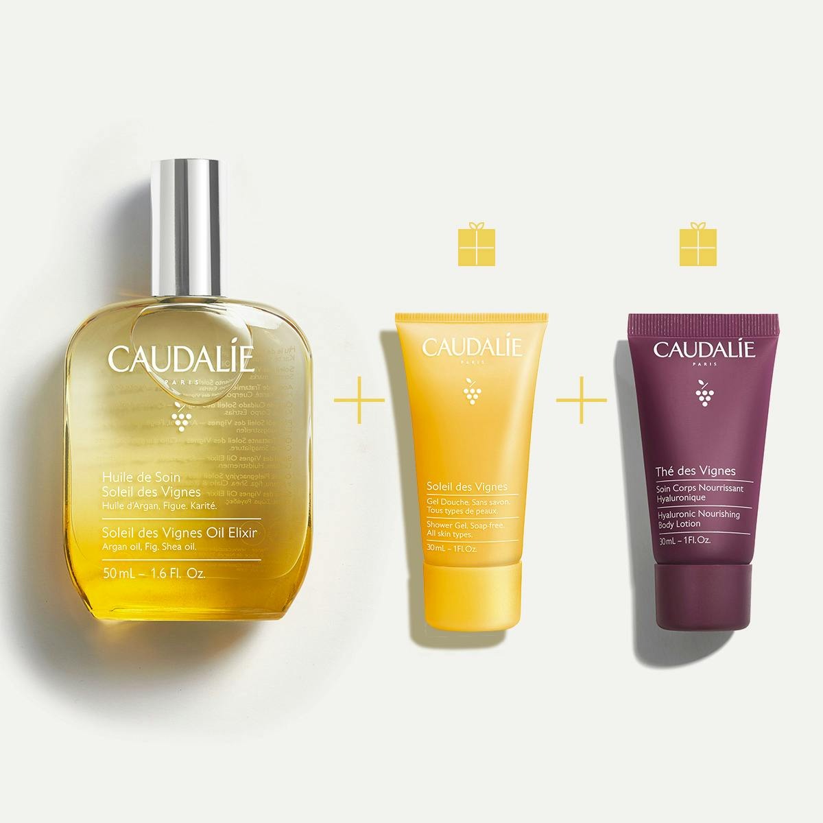 Caudalie Soleil des Vignes Xmas Promo Oil Elixir Θρεπτικό Έλαιο Σώματος, 50ml, Δώρο Shower Gel Αφρόλουτρο Σώματος, 30ml & The des Vignes Hyaluronic Nourishing Body Lotion Ενυδατική Λοσιόν Σώματος με Υαλουρονικό Οξύ, 30ml, 1σετ - 2