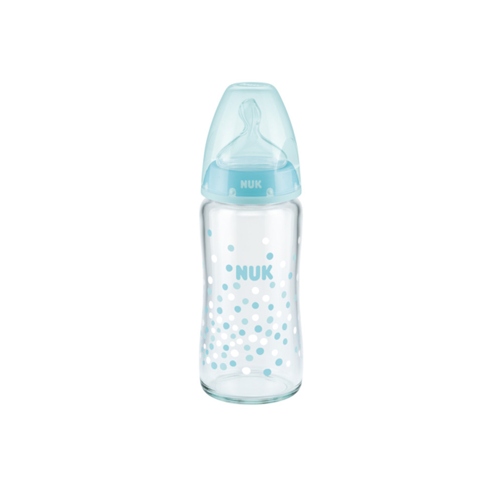 Nuk First Choice Plus Μπιμπερό Γυάλινο 0-6 Μηνών με Θηλή Σιλικόνης Μ Μεγέθους 1 Μπλε, 240ml - 