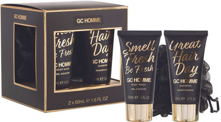 Grace Cole GC Homme τζελ καθαρισμού 50 ml + σαμπουάν 50 ml + σφουγγάρι πλυσίματος, σετ καλλυντικών για άνδρες -