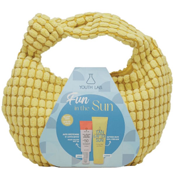 Youth Lab. Promo Fun In the Sun Set Age Defense Watery Αντηλιακό Προσώπου SPF50, 40ml & Tan & After Sun Soothing & Tan Prolonging with Cooling Effect Επανορθώνει & Καταπραΰνει τους Ερεθισμούς, 150ml & Tσαντάκι, 1τμχ, 1σετ - 