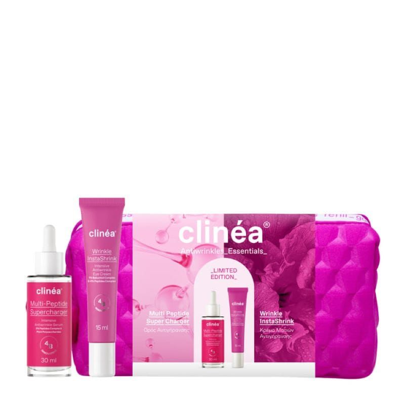 Clinea Limited Edition Gift Set Anti-Wrinkle Essentials Multi Peptide Super Charger Oρός Προσώπου, 30ml, Wrinkle InstaShrink Κρέμα Ματιών, 15ml & Δώρο Νεσεσέρ, 1σετ - 