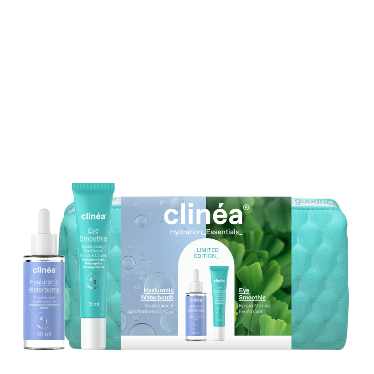 Clinea Limited Edition Gift Set Hydration Essentials Hyaluronic Waterbomb Oρός Προσώπου, 30ml, Smoothie Κρέμα Ματιών, 15ml & Δώρο Νεσεσέρ, 1σετ - 