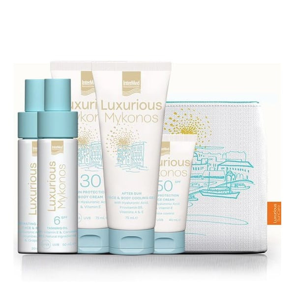 Intermed Luxurious Sun Care Mykonos Promo Kit με Αντηλιακό Σώματος SPF30, 75ml, After Sun Τζελ, 75ml, Λάδι Μαυρίσματος SPF6, 50ml, Ενυδατικό Mist Προσώπου & Σώματος, 50ml, Αντηλιακή Κρέμα Προσώπου SPF50, 40ml & Νεσεσέρ, 1σετ - 