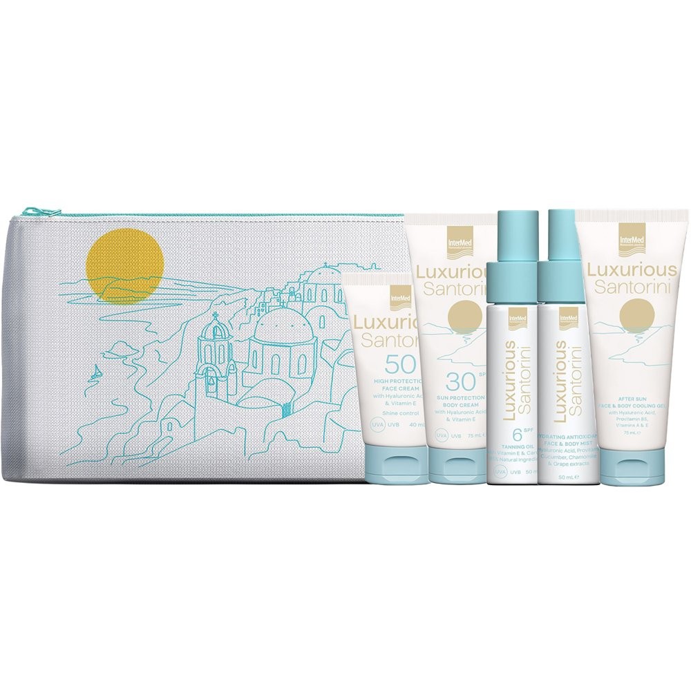 Intermed Luxurious Sun Care Santorini Promo Kit με Αντηλιακό Σώματος SPF30, 75ml, After Sun Τζελ, 75ml, Λάδι Μαυρίσματος SPF6, 50ml, Ενυδατικό Mist Προσώπου & Σώματος, 50ml, Αντηλιακή Κρέμα Προσώπου SPF50, 40ml & Νεσεσέρ, 1σετ - 