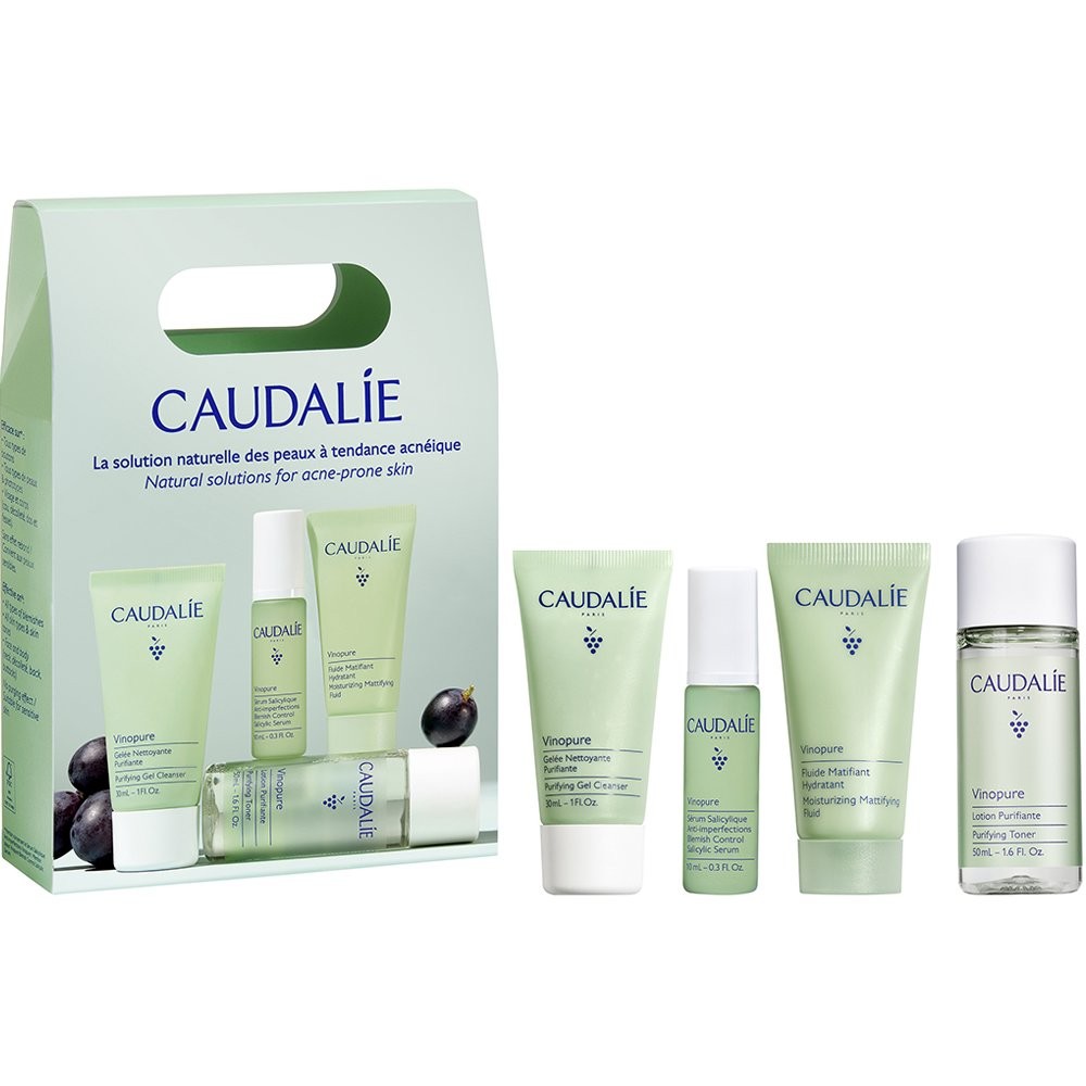 Caudalie Vinopure Starter Kit κατά των Ατελειών με Vinopure Purifying Gel Cleanser Καθαριστικό Προσώπου, 30ml, Toner, 50ml, Blemish Control Salicylic Serum Ορός Προσώπου, 30ml & Moisturizing Mattifying Fluid Ενυδατική Κρέμα, 15ml, 1σετ - 2