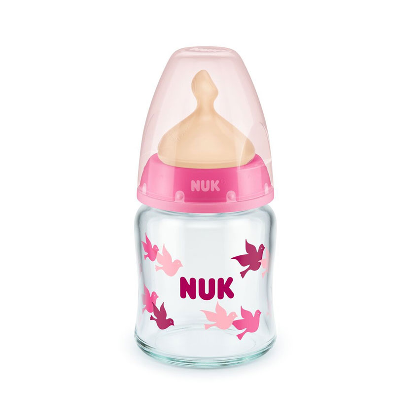 Nuk Μπιμπερό Γυάλινο First Choice Plus με Θηλή Latex M με Δείκτη Ελέγχου Θερμοκρασίας Ροζ 0-6m 120ml - 