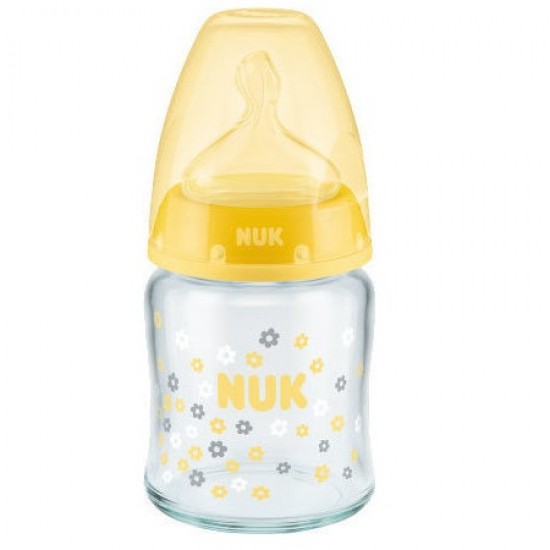 Nuk First Choice Plus Μπιμπερό Γυάλινο με Θηλή Σιλικόνης Μ,0-6m Κίτρινο 120ml - 
