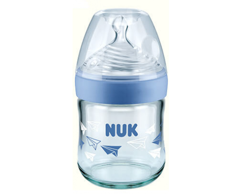 Nuk Nature Sense Γυάλινο Μπιμπερό Με Θηλή Σιλικόνης (0-6 μηνών) Small, Χρώμα Γαλάζιο, 120ml.