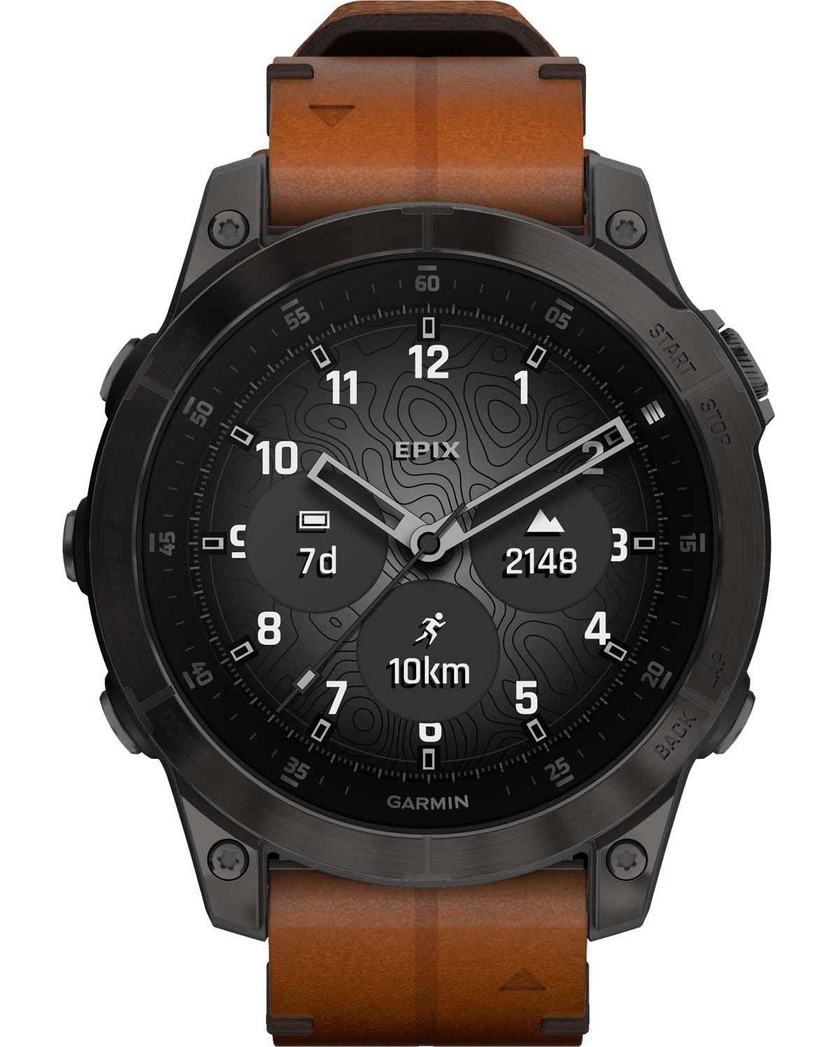 GARMIN Epix Sapphire Smartwatch 47mm Titanium Carbon Gray DLC with Chestnut Leather Band 010-02582-30 - 